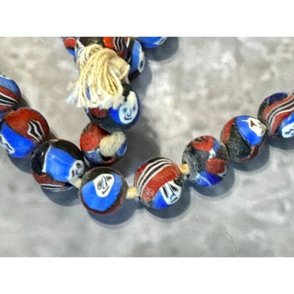 Vintage Millefiori Ghost Face Mosaic Bead Necklace 48 Handcrafted Beads 12-14mm - Picture 10 of 16